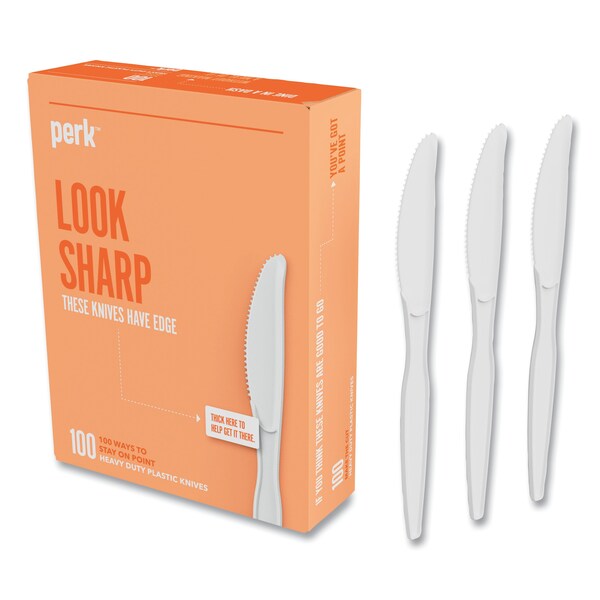 Perk Heavyweight Plastic Cutlery, Knives, White, PK100, 100PK - PK56403