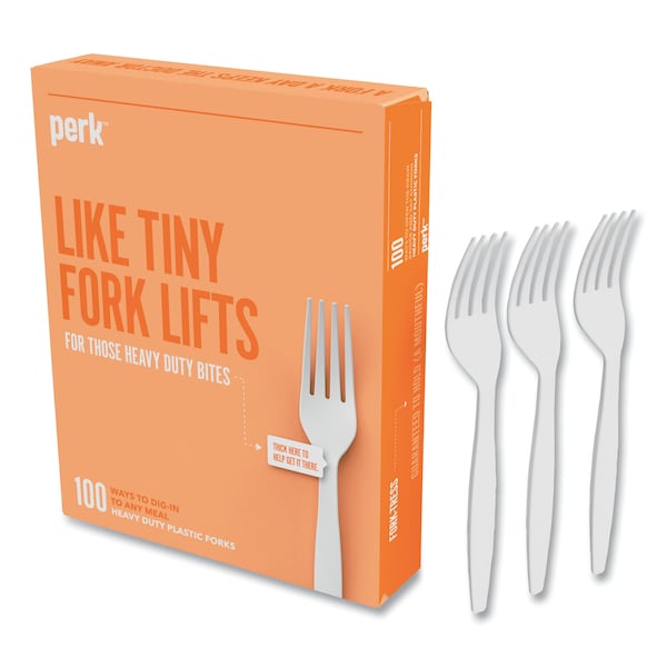Perk Heavyweight Plastic Cutlery, Fork, White, PK100, 100PK - PK56391