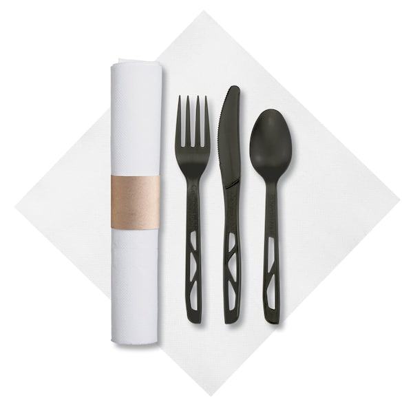 Hoffmaster 7.75" x 7.75" Pre-rolled White Napkins and Black Cutlery PK 50 PK - 120025