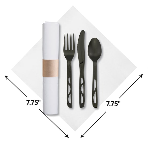 Hoffmaster 7.75" x 7.75" Pre-rolled White Napkins and Black Cutlery PK 50 PK - 120025