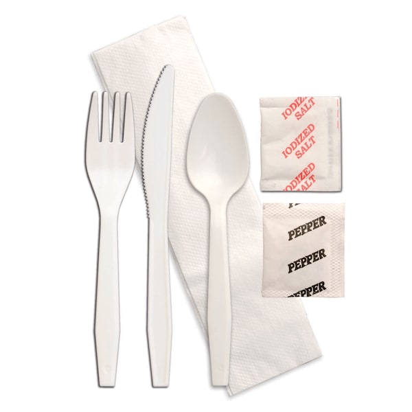Senate Knife Fork Spoon Salt Pepper Napkin White Wrapped Cutlery Kit, PK250 - P2503PCSPKIT