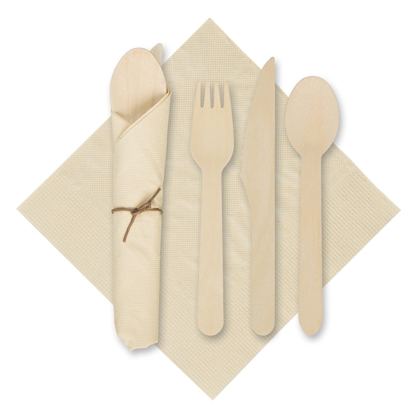 Hoffmaster 6" x 6" CaterWrap Pre-Rolled Kraft Napkins with Wood Cutlery PK 100 - 120030