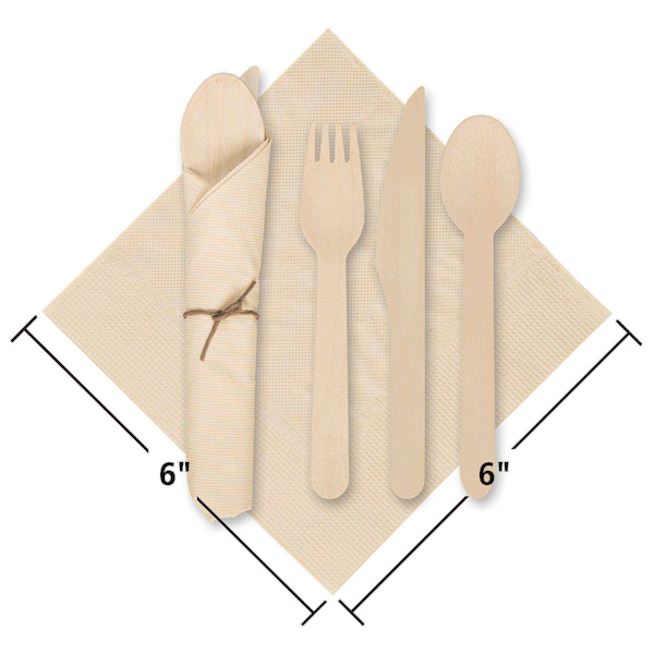 Hoffmaster 6" x 6" CaterWrap Pre-Rolled Kraft Napkins with Wood Cutlery PK 100 - 120030