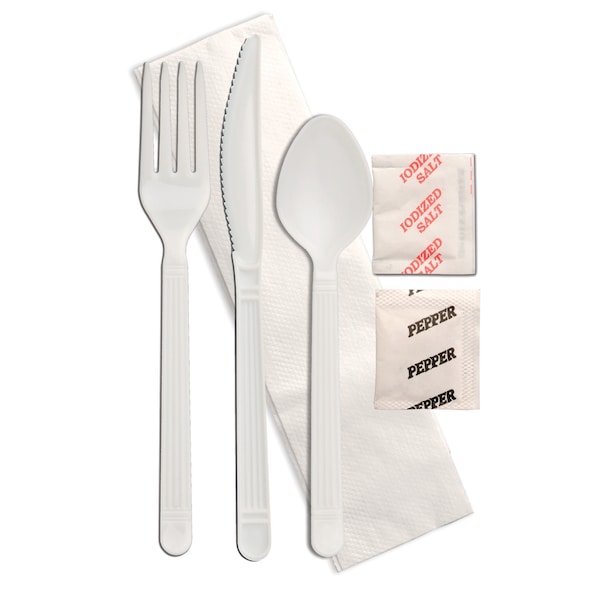 Forum Cutlery Knife/Fork/Spoon/Salt/Pepper/Napkin Black Wrapped Cutlery Kit, PK250 - F2503PCSPKIT