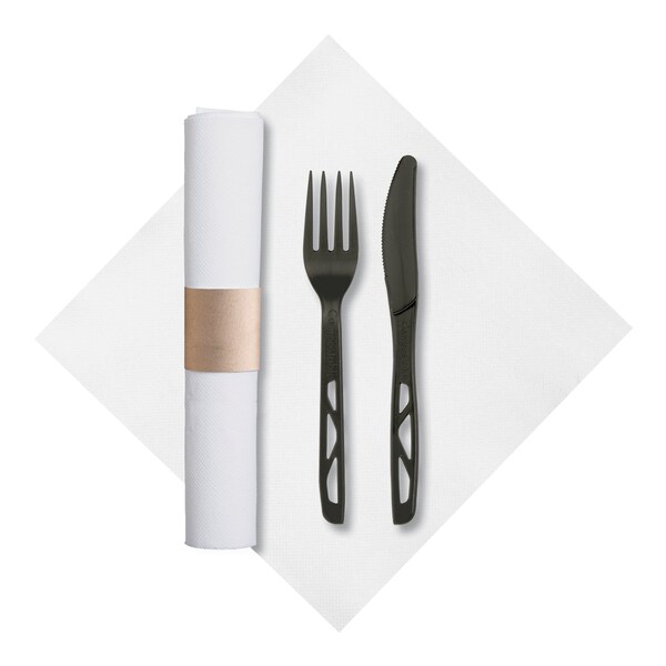 Hoffmaster 7.75" x 7.75" Pre-rolled White Napkins Black Knife and Fork PK 50 PK - 120026