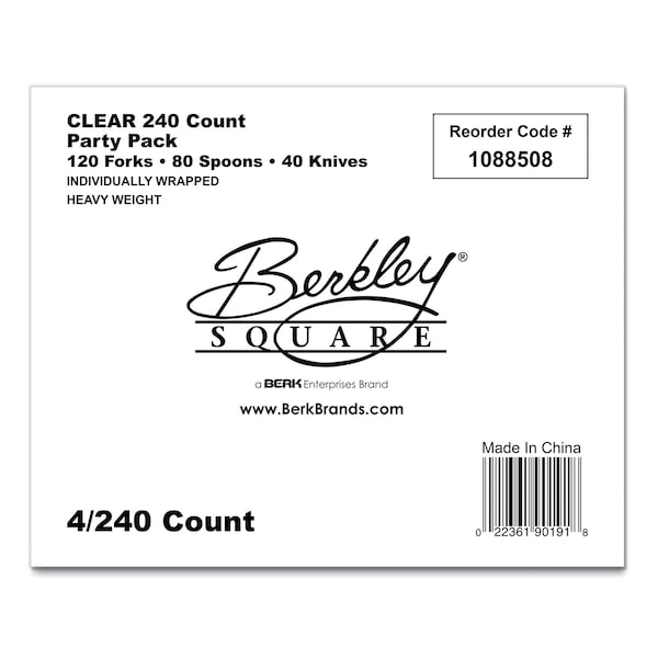 Berkley Square Dinnerware Heavyweight Cutlery Assortment, Ind Wrapped, 120 Forks/80 Spoons/40 Knives, White, PK240 - BEP90191