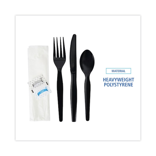 Boardwalk 6-Pc Cutlery Kit, Condiment/Fork/Knife/Napkin/Spoon, HW, Black, PK250 - FKTNSHWPSBLA