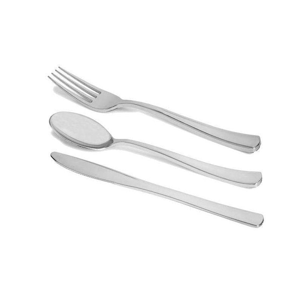 Smarty Had A Party Shiny Metallic Silver Plastic Cutlery Combo Set - Spoons, Forks and Knives (120 Guests), 360PK - 7953BLK-CASE