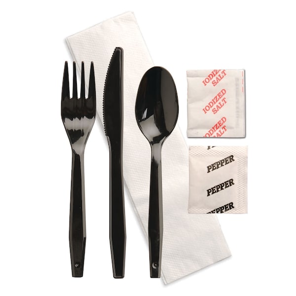 Senate Knife Fork Spoon Salt Pepper Napkin Black Wrapped Cutlery Kit, PK250 - P250E3PCSPKIT