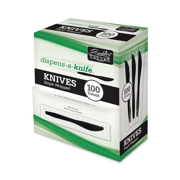 Berkley Square Dispens-a-Knife, Individually Wrapped, Mediumweight Knife, Plastic, Black, 100PK - BEP90200