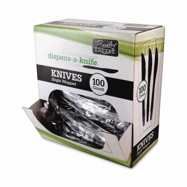 Berkley Square Dispens-a-Knife, Individually Wrapped, Mediumweight Knife, Plastic, Black, 100PK - BEP90200