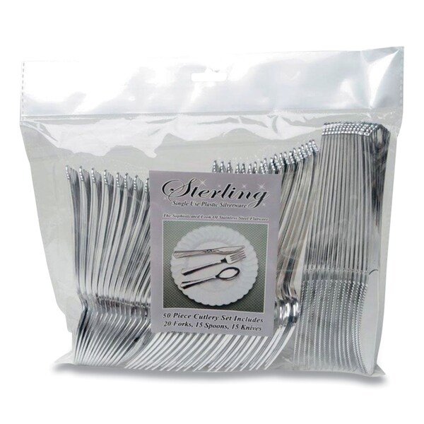 Tablemate Sterling Assorted Plastic Cutlery, Mediumweight, 20 Forks/15 Knives/15 Spoons, 50PK - 8305A-SV
