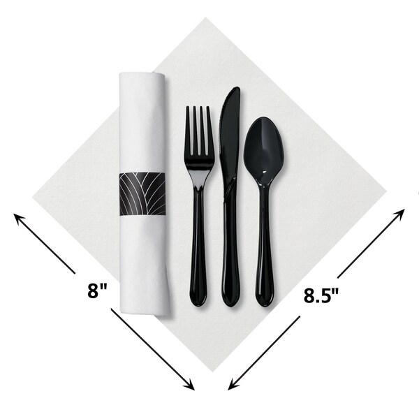 Caterwrap 8.5" Pre-rolled White Dinner Napkins with Black Cutlery 200 PK - 119990