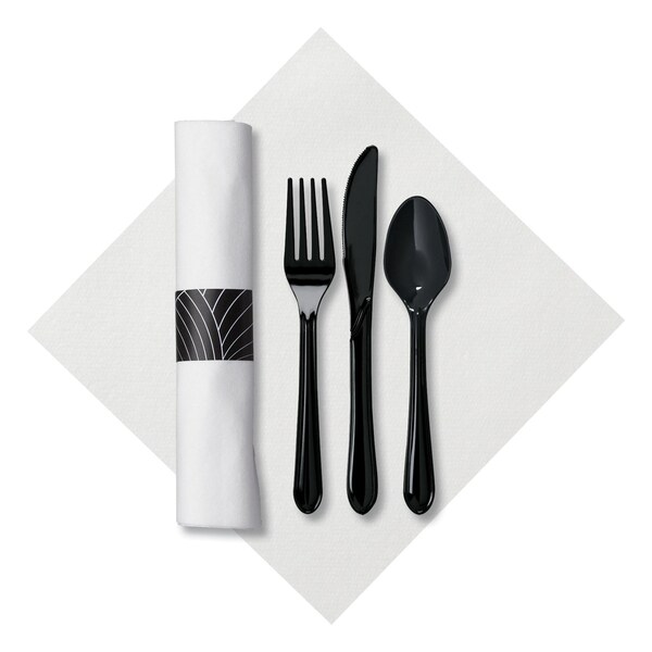 Caterwrap 8.5" Pre-rolled White Dinner Napkins with Black Cutlery 200 PK - 119990