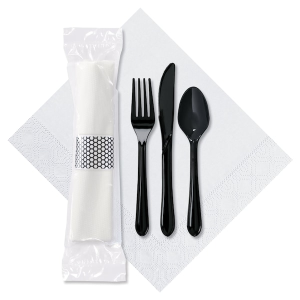 Hoffmaster 7.5" x 4.25" Pre-Rolled Cater To Go Express White Dinner Napkins with Black Cutlery PK 100 - 119901