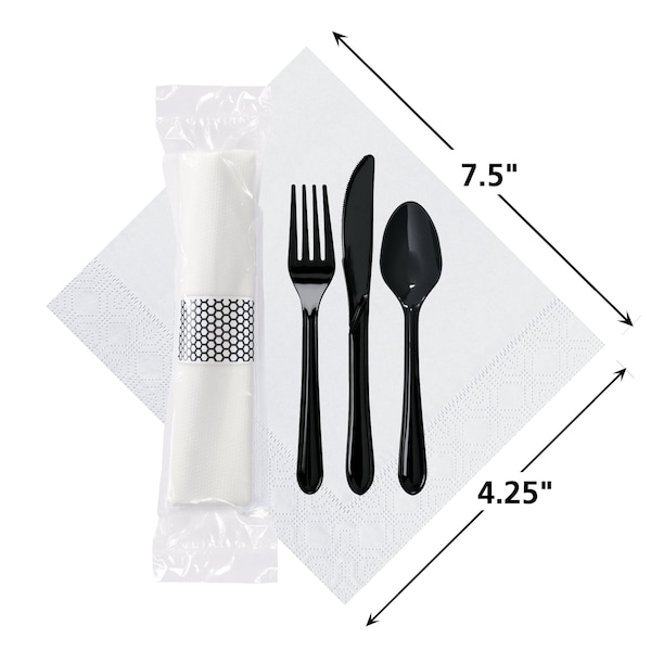 Hoffmaster 7.5" x 4.25" Pre-Rolled Cater To Go Express White Dinner Napkins with Black Cutlery PK 100 - 119901