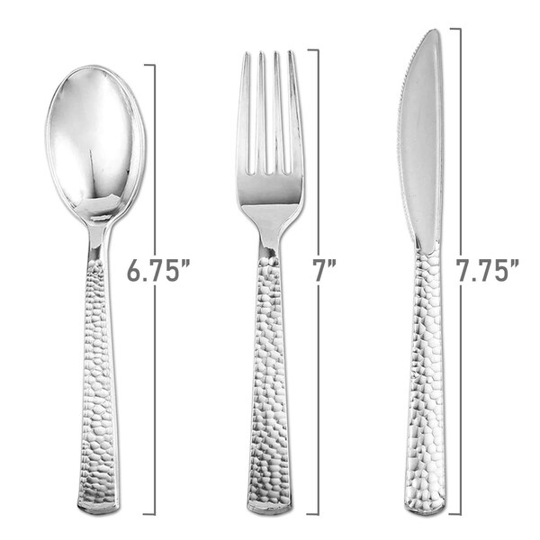 Smarty Had A Party Shiny Metallic Silver Hammered Plastic Cutlery Set - Spoons, Forks and Knives (1000 Guests), 3000PK - 2649CS-CASE