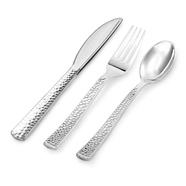 Smarty Had A Party Shiny Metallic Silver Hammered Plastic Cutlery Set - Spoons, Forks and Knives (1000 Guests), 3000PK - 2649CS-CASE
