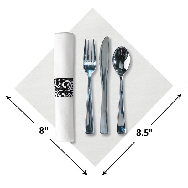 Caterwrap 8" x 8.5" Pre-rolled CaterWrap White Napkins Metallic Cutlery 100 PK - 119978