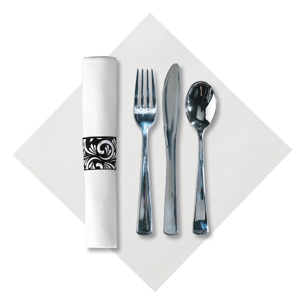 Caterwrap 8" x 8.5" Pre-rolled CaterWrap White Napkins Metallic Cutlery 100 PK - 119978