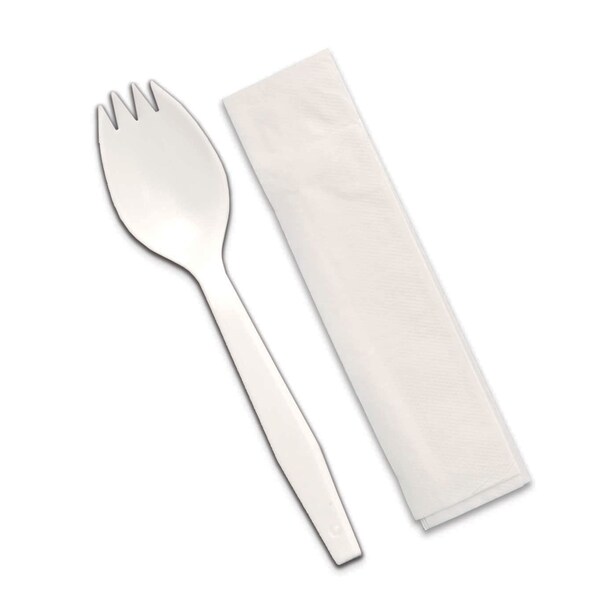 Senate Senate 10"x10" White 1 Ply Napkin White Spork Cutlery Kit, PK1000 - P1005KIT