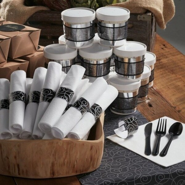 Caterwrap 8" x 8.5" Pre-rolled CaterWrap White Napkins and Black Cutlery 100 PK - 119971