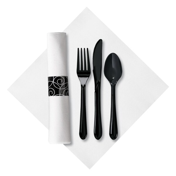 Caterwrap 8" x 8.5" Pre-rolled CaterWrap White Napkins and Black Cutlery 100 PK - 119971
