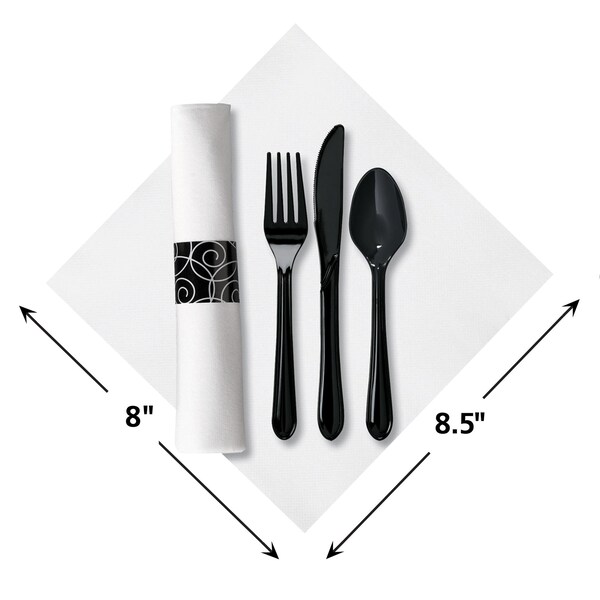 Caterwrap 8" x 8.5" Pre-rolled CaterWrap White Napkins and Black Cutlery 100 PK - 119971