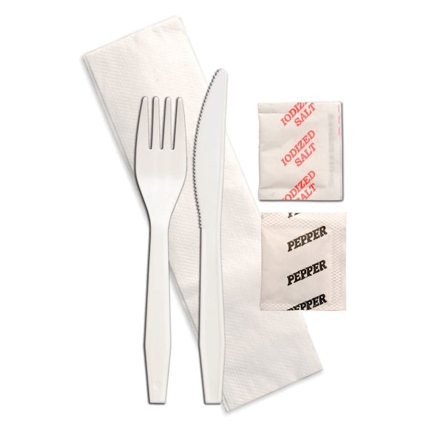 Senate Knife Fork Salt Pepper Napkin White Wrapped Cutlery Kit, PK250 - P2502PCSPKIT