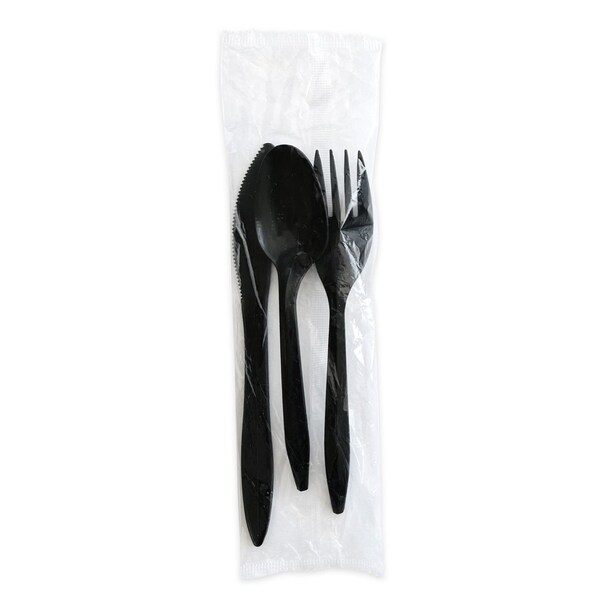 Boardwalk Three-Piece Cutlery Kit, Fork/Knife/Teaspoon, Polystyrene, Black, 250PK - BWK3KITBLPS