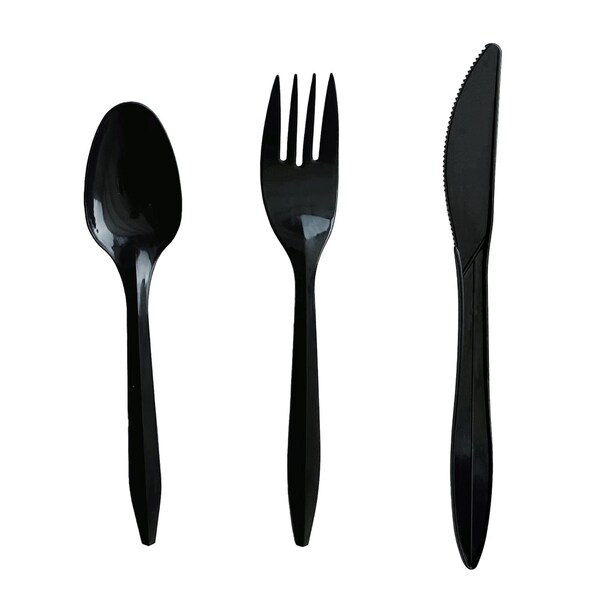 Boardwalk Three-Piece Cutlery Kit, Fork/Knife/Teaspoon, Polystyrene, Black, 250PK - BWK3KITBLPS
