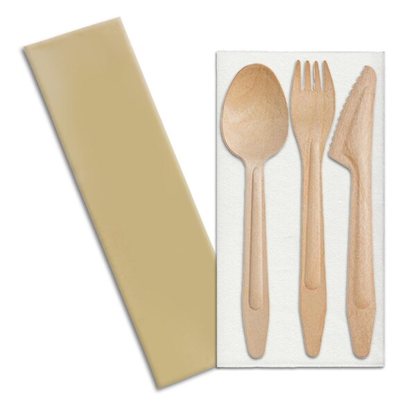 Smarty Had A Party Natural Birch Wood Eco-Friendly Cutlery Set w/Napkin-Spoons, Forks, Knives, Napkins (100 Guests), 400PK - 4661NR-CASE
