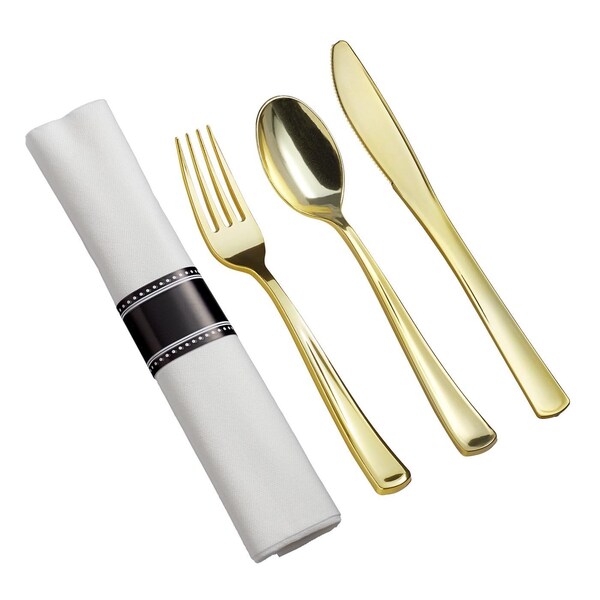 Smarty Had A Party Gold Plastic Cutlery Napkin Rolls Set - Napkins, Forks, Knives, Spoons, Paper Rings (100 Guests), 500PK - 760-G-CASE