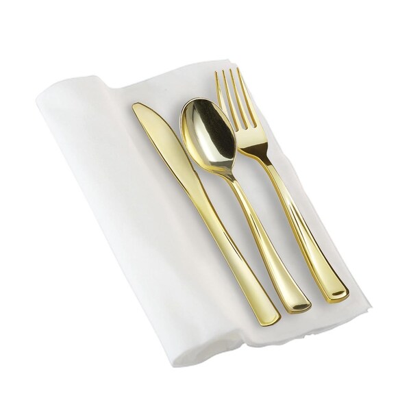 Smarty Had A Party Gold Plastic Cutlery Napkin Rolls Set - Napkins, Forks, Knives, Spoons, Paper Rings (100 Guests), 500PK - 760-G-CASE