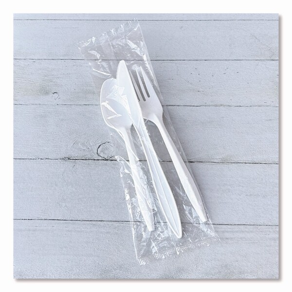 Boardwalk Three-Piece Cutlery Kit, Fork/Knife/Teaspoon, Mediumweight, White, 250PK - BWK3KITWHPS