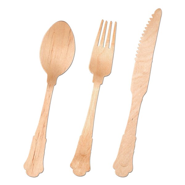 Smarty Had A Party Silhouette Birch Wood Eco Friendly Wooden Cutlery Set - Spoons, Forks and Knives (600 Guests), 1800PK - 4667SPCS-CASE