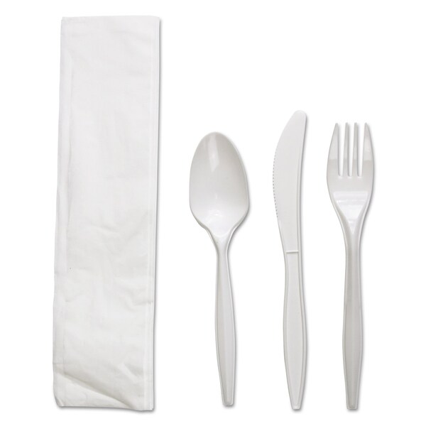 Boardwalk Four-Piece Cutlery Kit, Fork/Knife/Napkin/Teaspoon, White, Polypropylene, 250PK - BWKFKTNMWPPWH