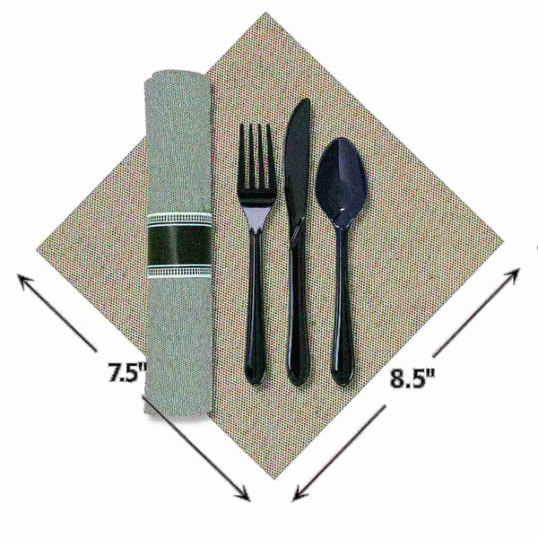 Hoffmaster 7.5" x 4.25" Linen-Like CaterWrap Onyx Gray Pre-Rolled Dinner Napkins with Black Cutlery PK 100 - 120017