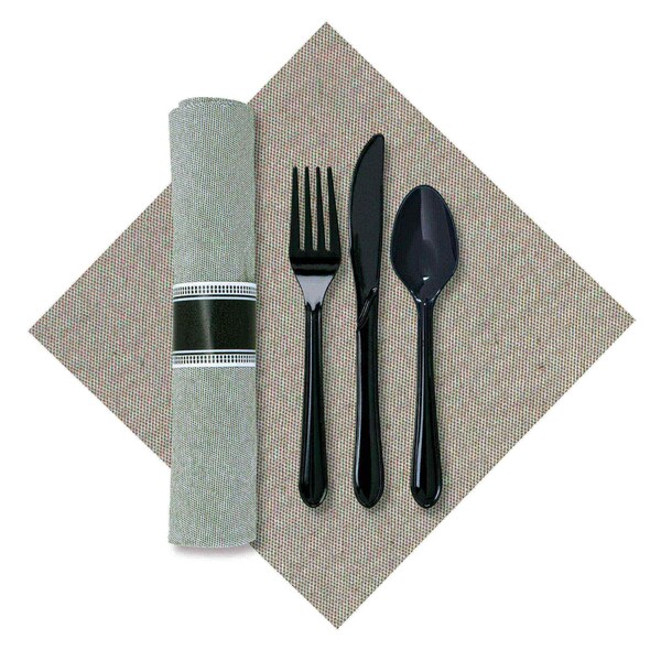 Hoffmaster 7.5" x 4.25" Linen-Like CaterWrap Onyx Gray Pre-Rolled Dinner Napkins with Black Cutlery PK 100 - 120017