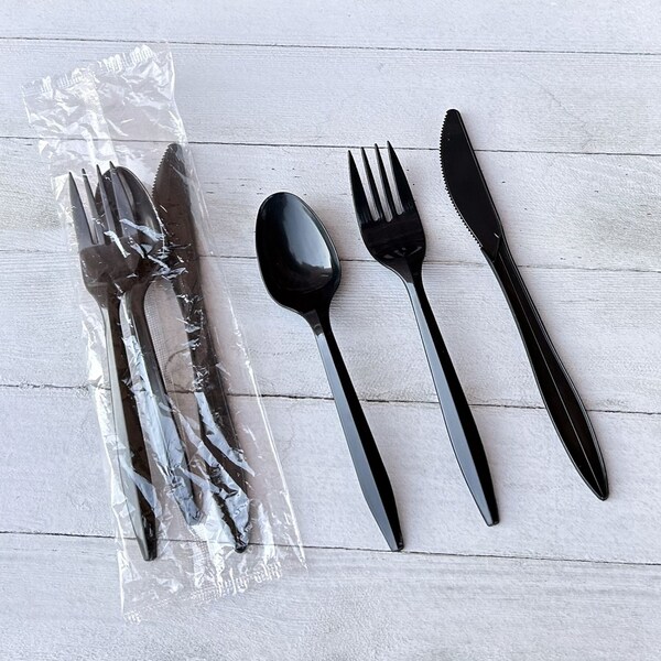 Boardwalk Three-Piece Cutlery Kit, Fork/Knife/Teaspoon, Polypropylene, Black, 250PK - BWK3KITBLPP