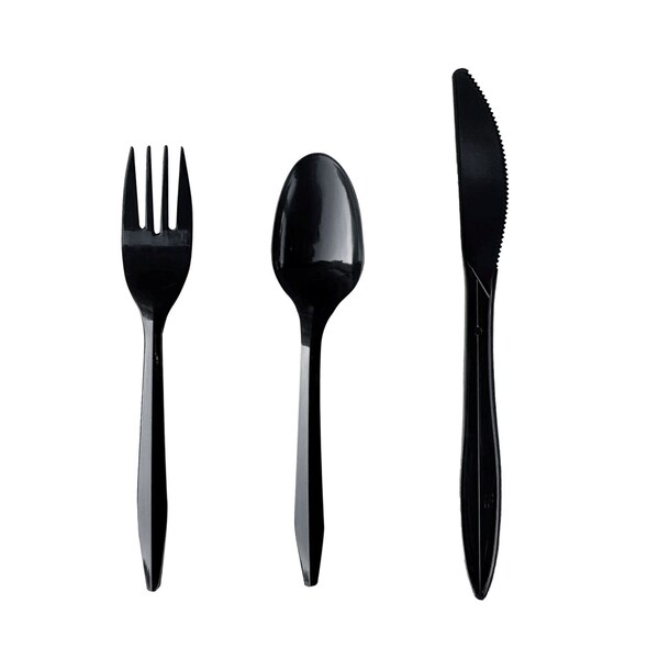 Boardwalk Three-Piece Cutlery Kit, Fork/Knife/Teaspoon, Polypropylene, Black, 250PK - BWK3KITBLPP