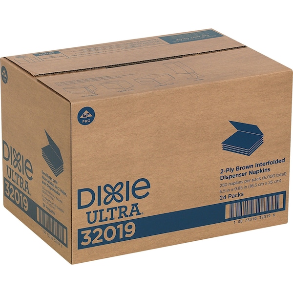 Dixie Disposable Dispenser Napkin, 5 in x 6 1/2 in Folded Size, Paper, Brown, PK24 - 32019