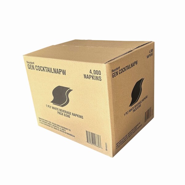 Gen Cocktail Napkins, 1-Ply, 9w x 9d, White, PK4000 - GENCOCKTAILNAP