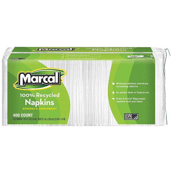 Marcal 100% Recycled Lunch Napkins, 1-Ply, 11.4 x 12.5, White, PK400 - 6506