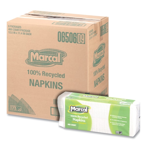 Marcal 100% Recycled Luncheon Napkins, 11.4 x 12.5, White, PK2400 - 6506