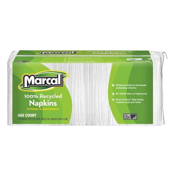 Marcal 100% Recycled Luncheon Napkins, 11.4 x 12.5, White, PK2400 - 6506