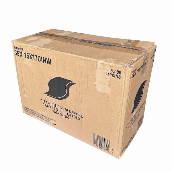 Gen Dinner Napkins, 2-Ply, 14.50"W x 16.50"D, White, PK3000 - GEN15X17DIN