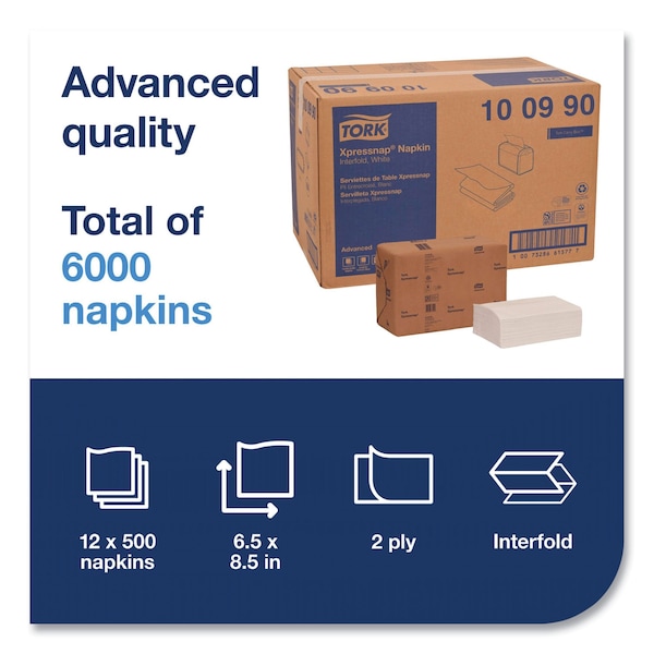 Tork Xpressnap Interfold Dispenser Napkins, 2-Ply, 6.5 x 8.5, White, 6000PK - 100990