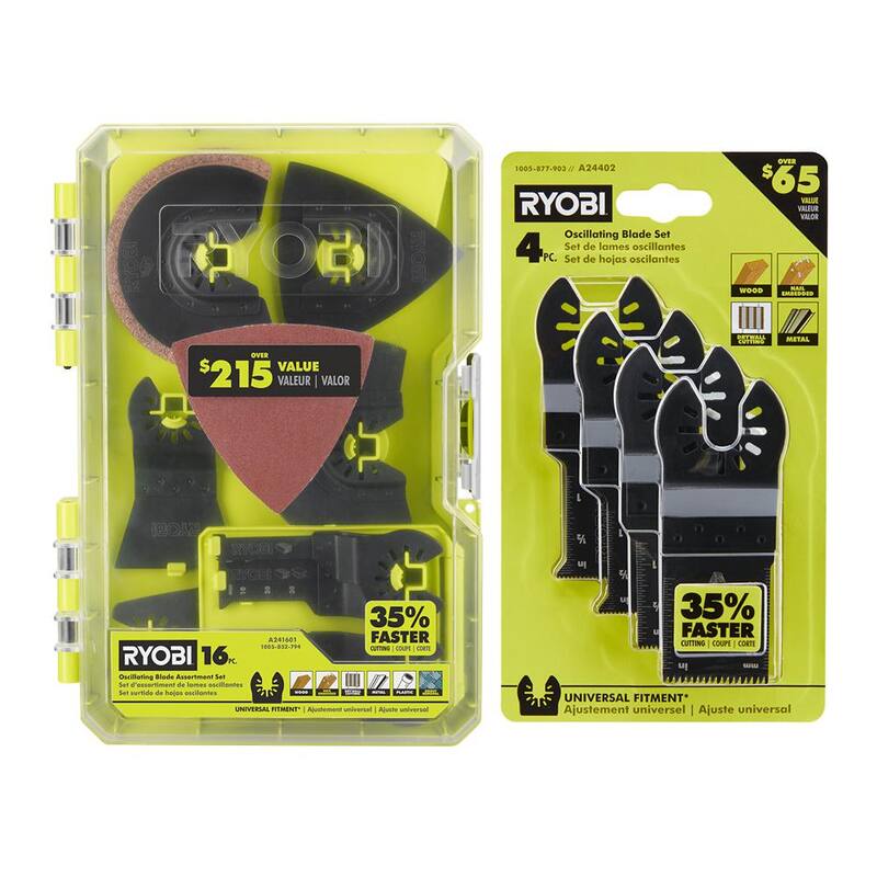 Juego de Accesorios de Hojas para Herramienta Multiusos Oscilante de 16 Piezas RYOBI con Juego de Hojas para Herramienta Multiusos Oscilante de Madera y Metal de 4 Piezas - A241601-A24402