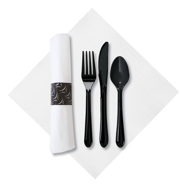 Caterwrap 7.75" x 7.75" Pre-rolled White Dinner Napkins Black Cutlery 100 PK - 119984